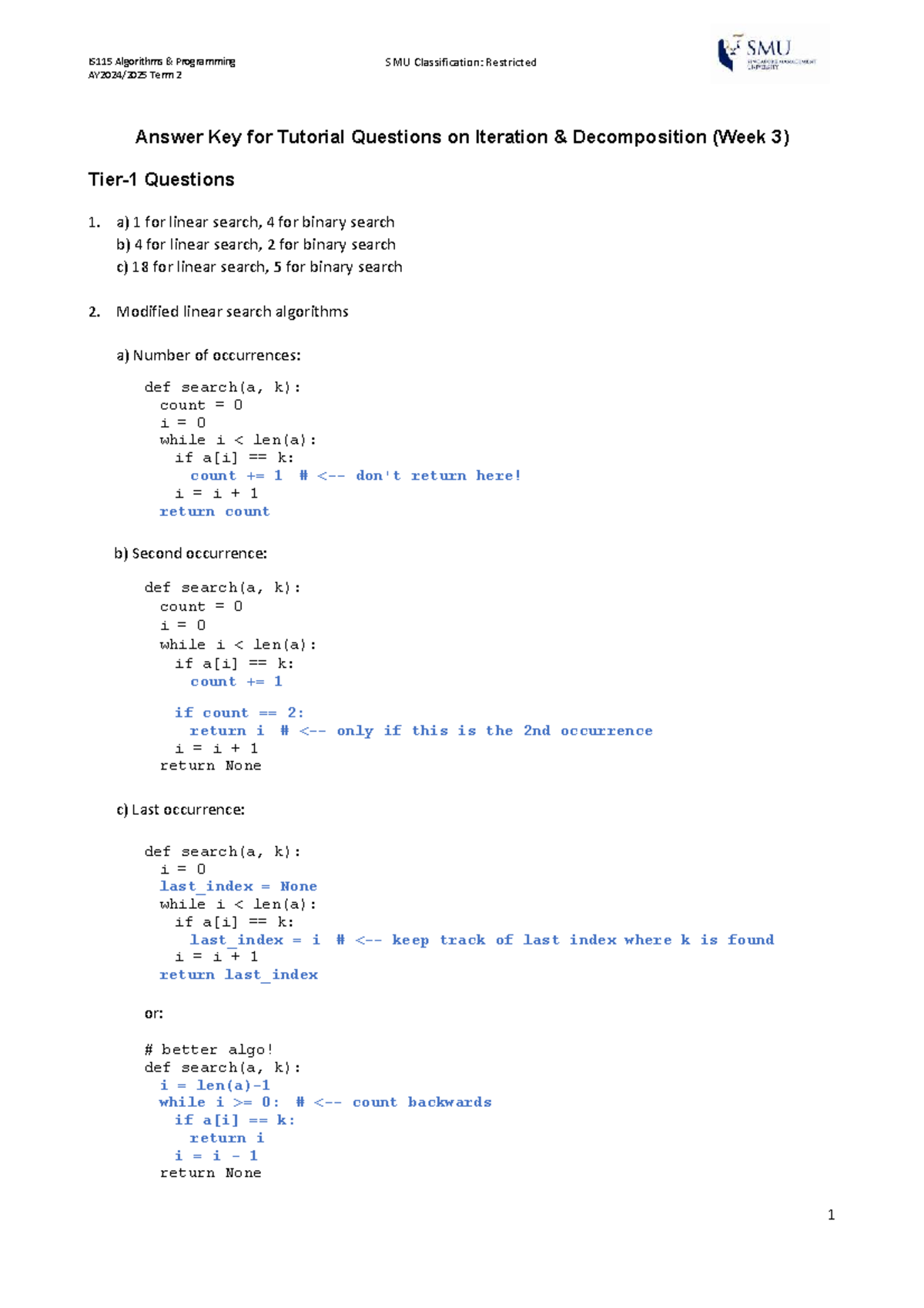 IS115 Algorithms Programming Term 2 SMU Tutorial Answer Key: Iteration ...