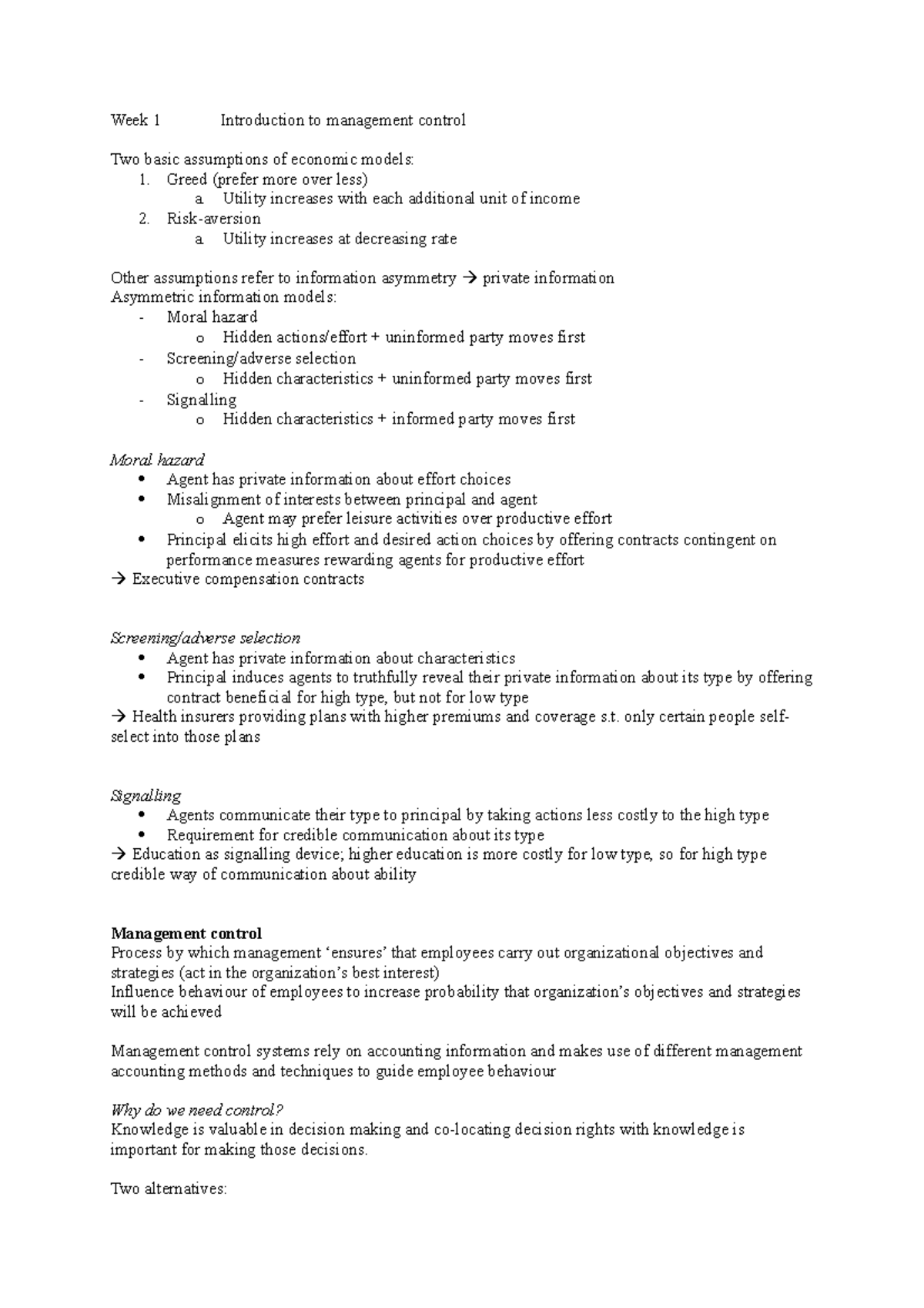 Week 1-3 Summary of Management Control Concepts for MGT 101 - Studeersnel
