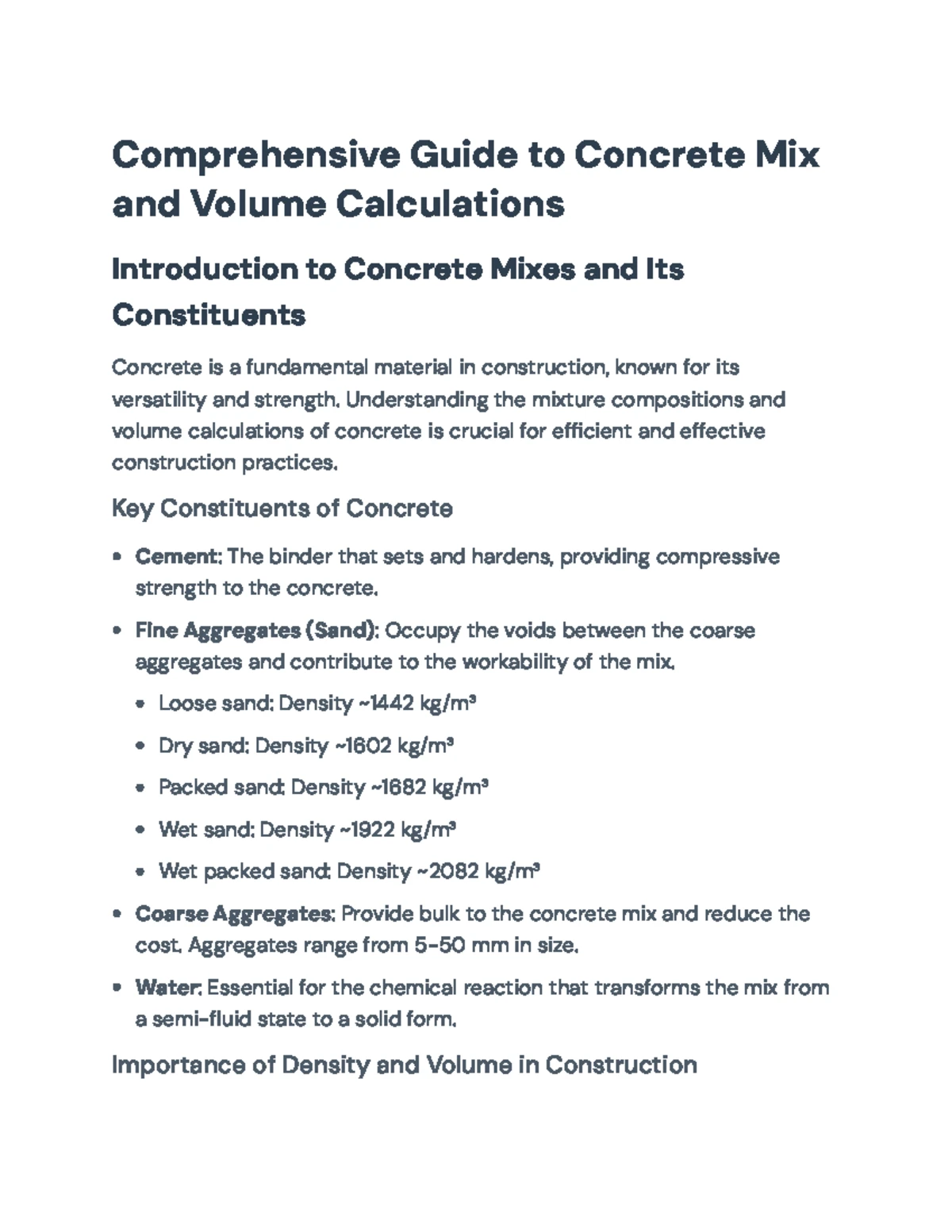 Comprehensive Guide on Concrete: Volumes, Densities, and Mixing ...