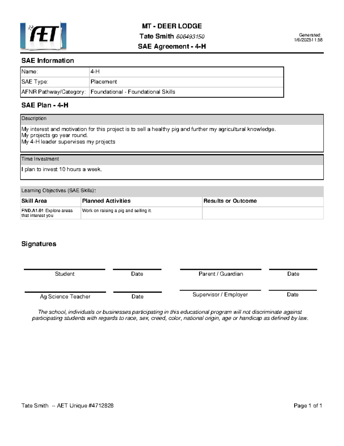 SAE Agreement: Placement Plan for Healthy Pig Project - AFNR 606493150 ...