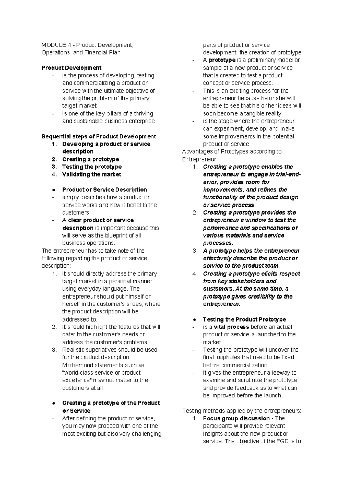 Entrepreneurship Reviewer: Module 4 - Product Dev, Ops & Fin Plan - Studocu