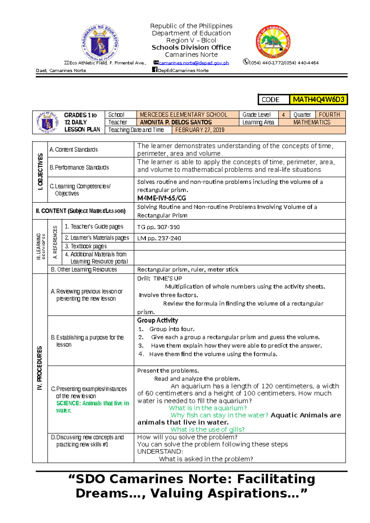 DLP-MATH4Q4W6D - Grade 4 Daily Math Lesson Plan on Volume - Studocu