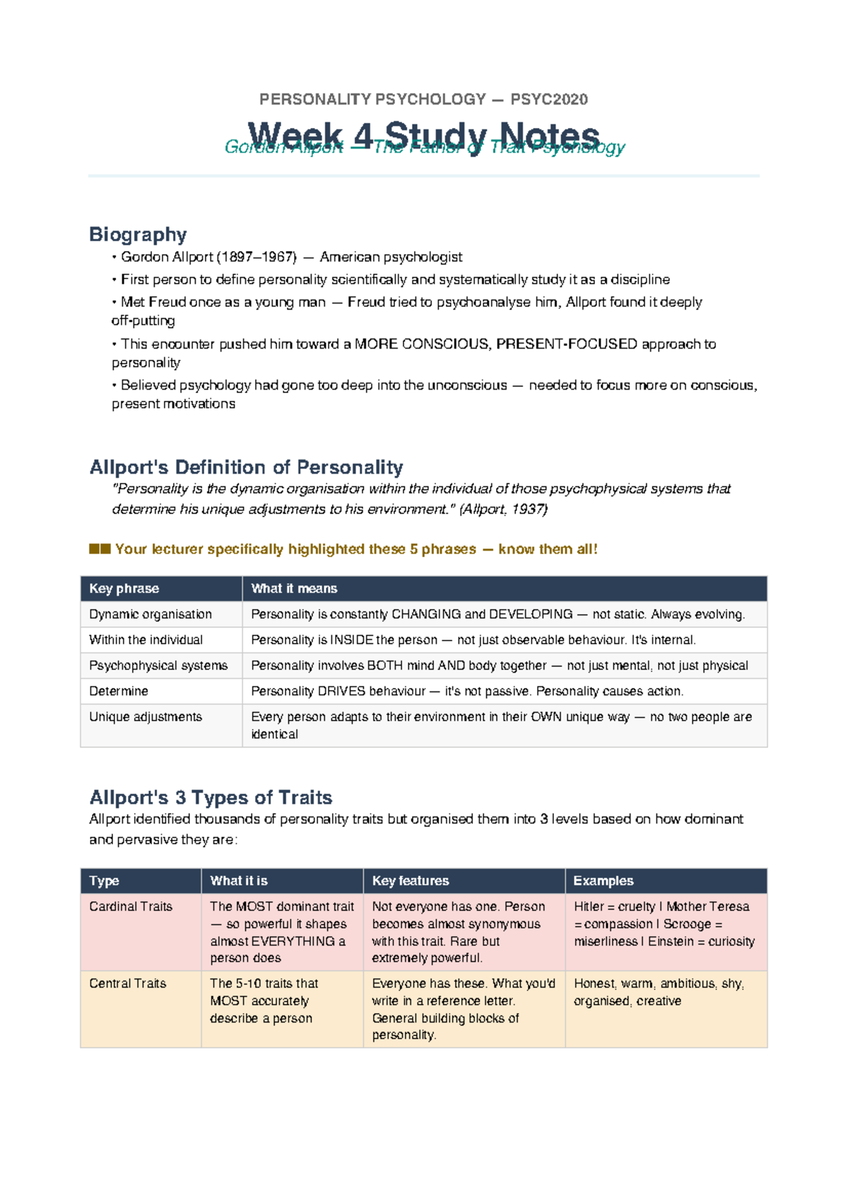 PSYC2020 Week 4 Study Notes: Allport's Trait Theory Insights - Studocu