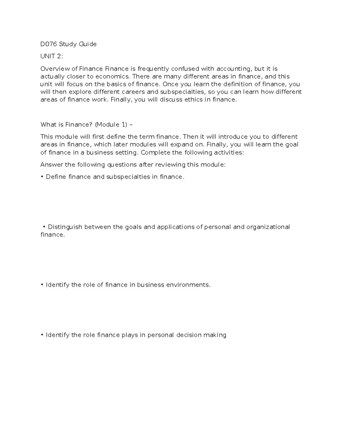 D076 Final Study Guide for Finance - All Units Covered - Studocu