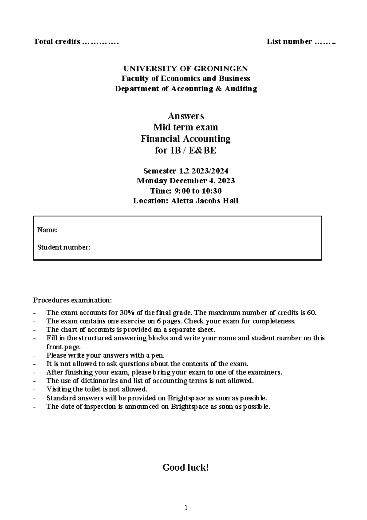 Midterm Exam Answers for Financial Accounting FA 2023 - Studeersnel