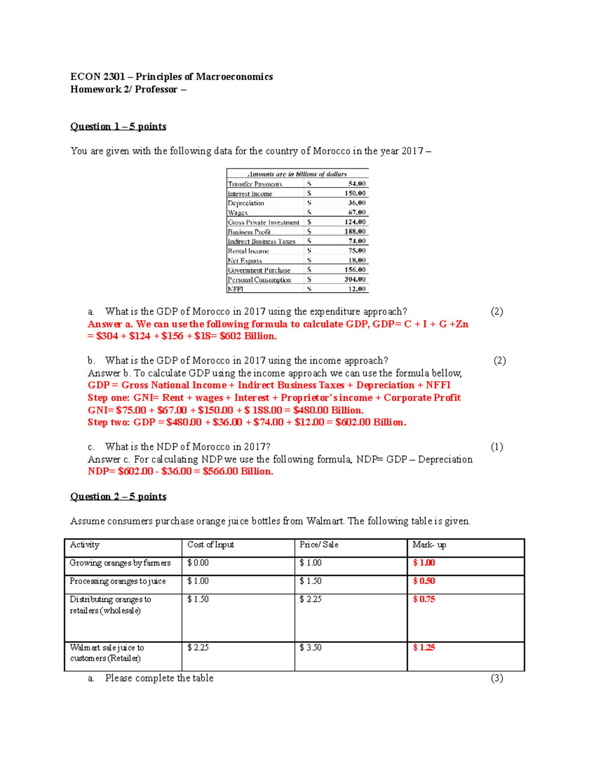 Homework 2 Solutions - ECON 2301 – Principles of Macroeconomics ...