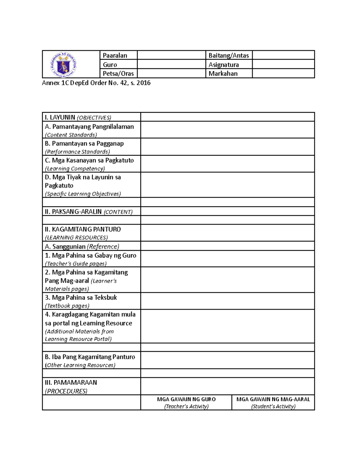 DO-42-s - DLP Format for Teacher's Guide and Lesson Planning - Studocu