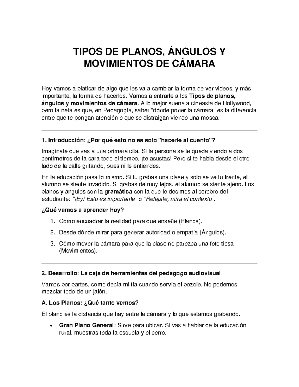 Tipos de Planos, Ángulos y Movimientos de Cámara en Pedagogía - Studocu