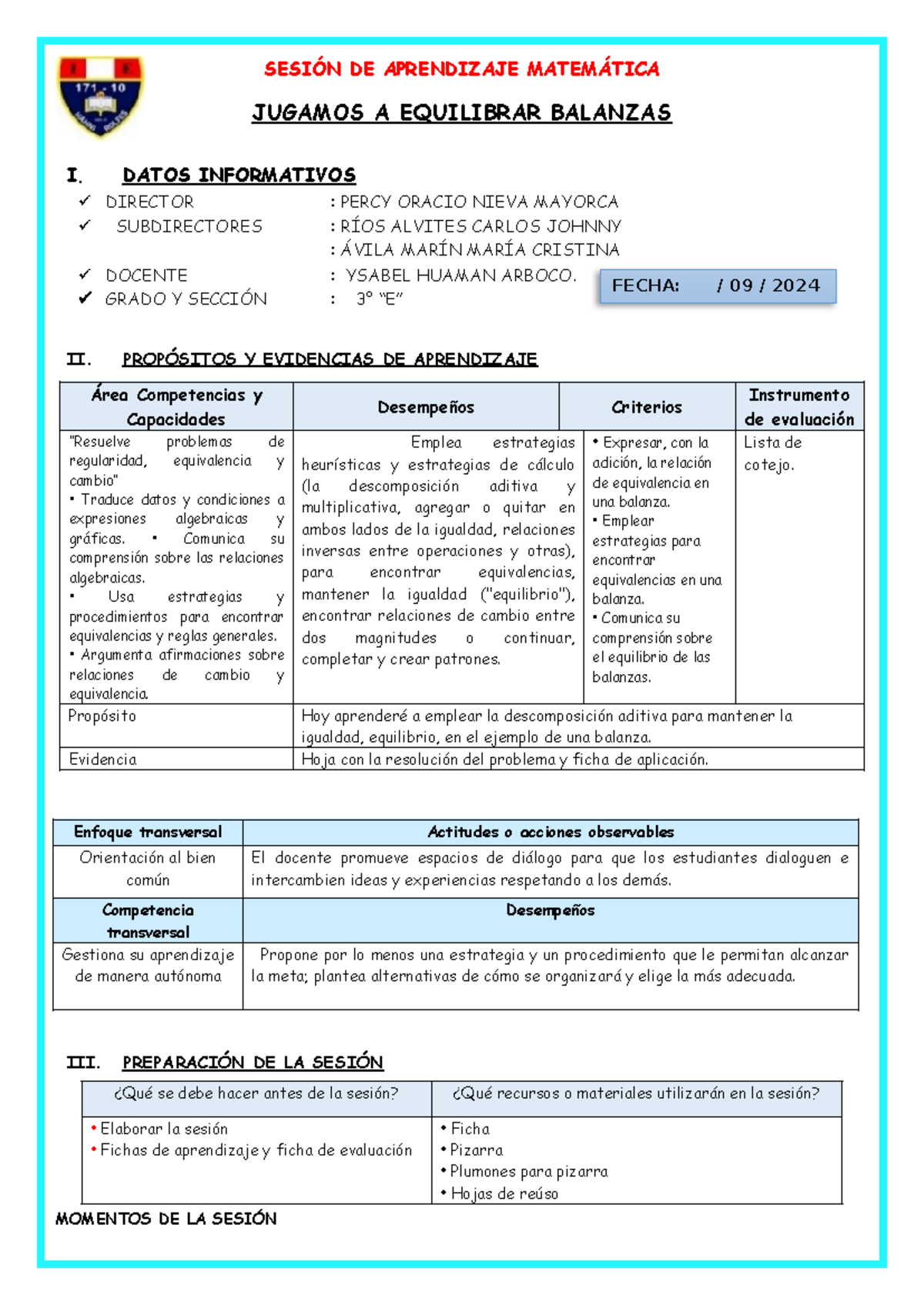 3° E SESIÓN DE APRENDIZAJE MATE: Equilibrando Balanzas y Estrategias - Document Preview