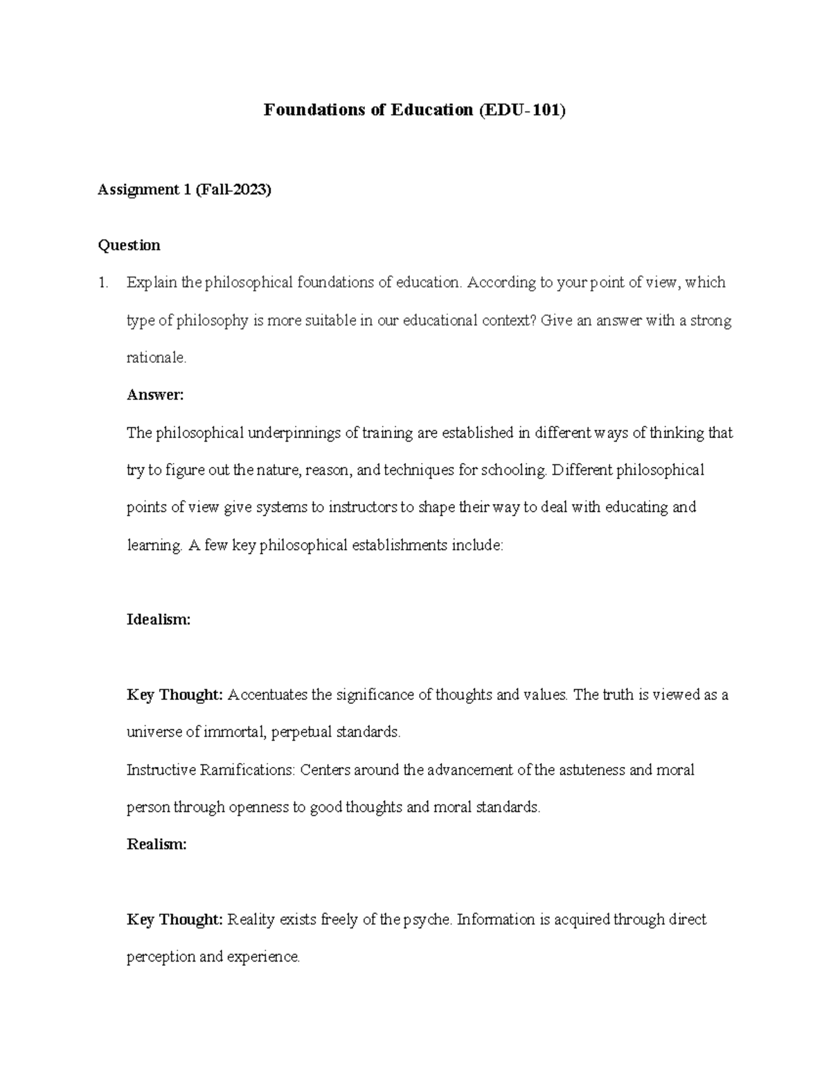 Fall 2023 EDU101 1 - This assignment is solved - Foundations of ...
