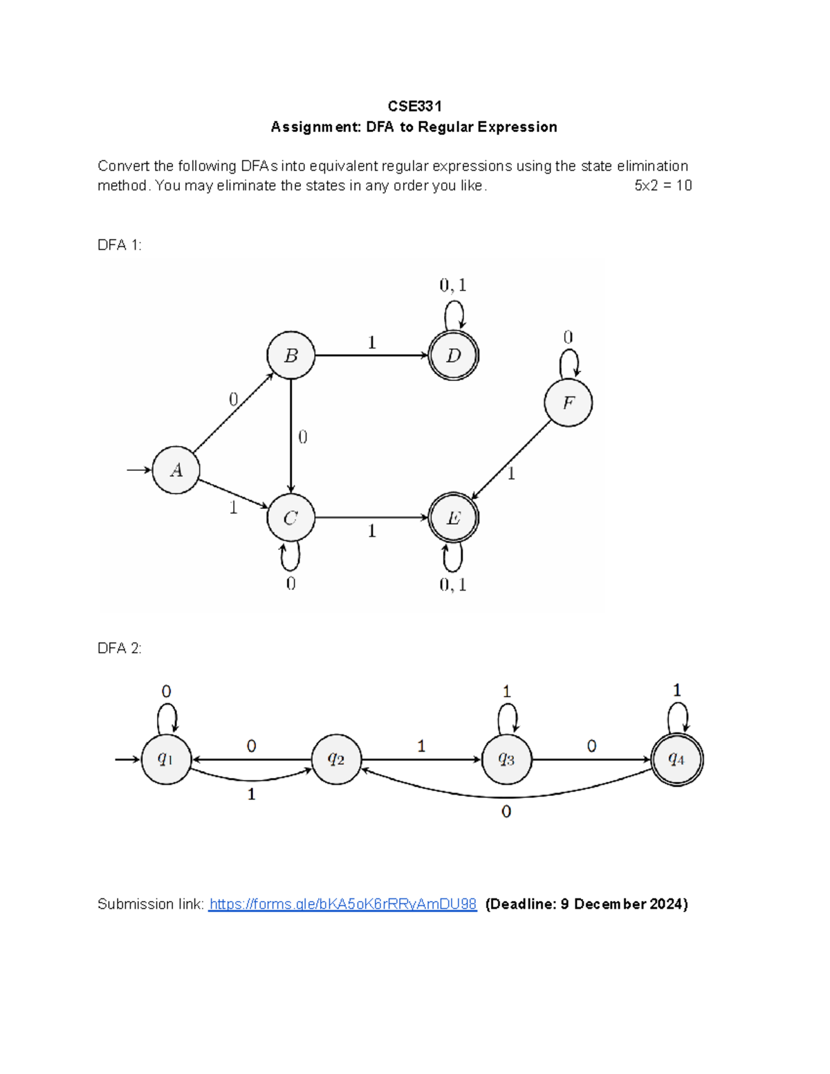 CSE331 Assignment 1 - Question - Automata and Computability - CSE ...