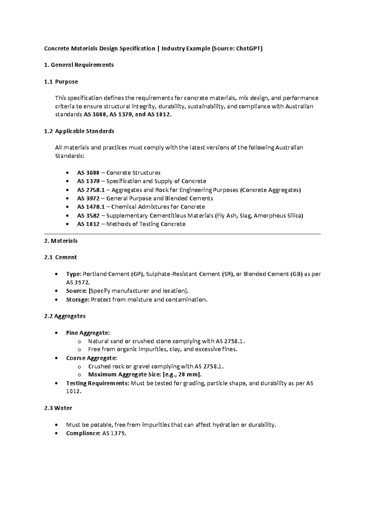 Industry Concrete Materials Design Specification Example (AS 3600, AS ...