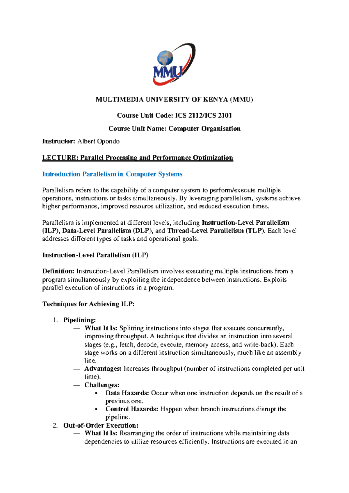 ICS 2112/ICS 2101 Lecture Notes: Parallel Processing & Performance ...