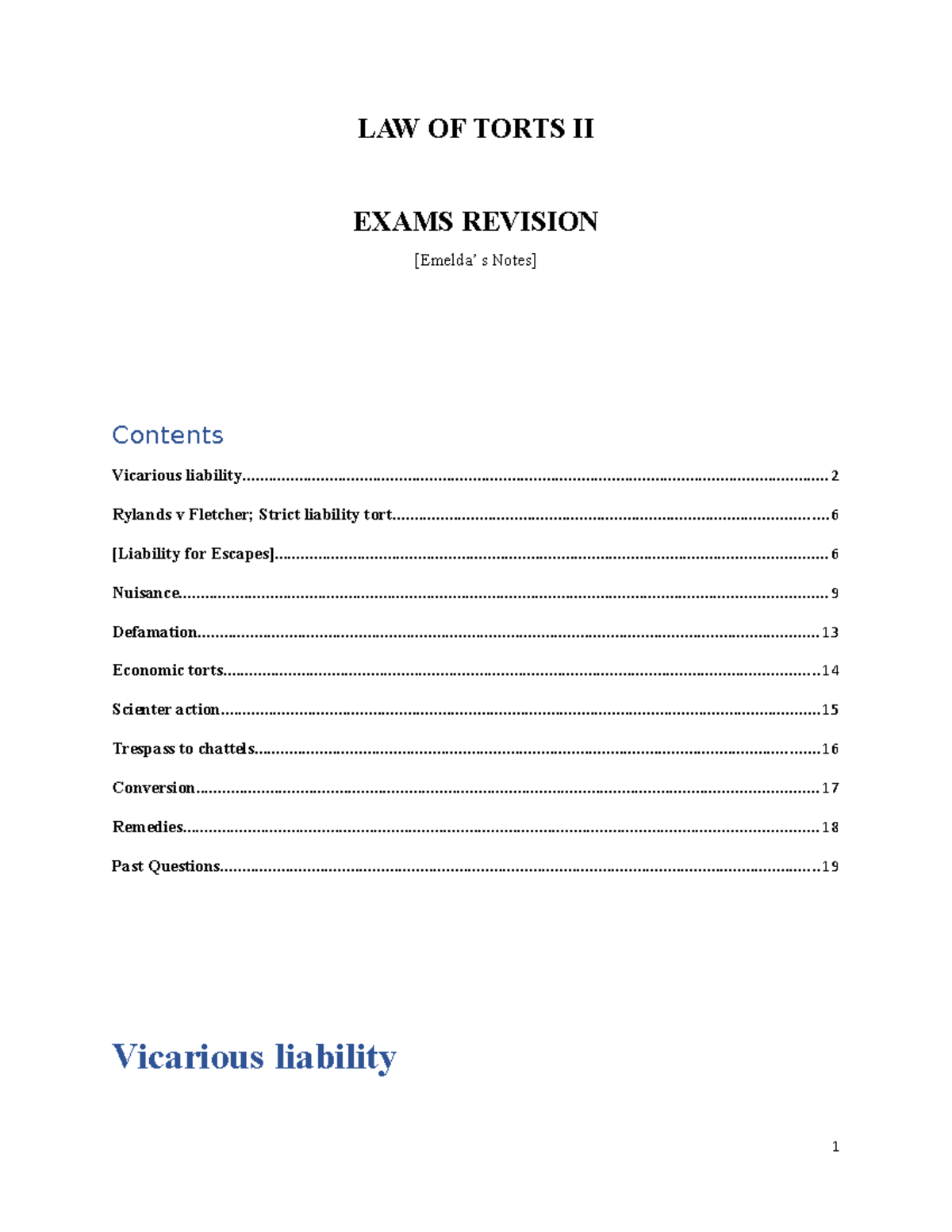 Law of Torts II: Exam Summary & Key Concepts Review - Studocu