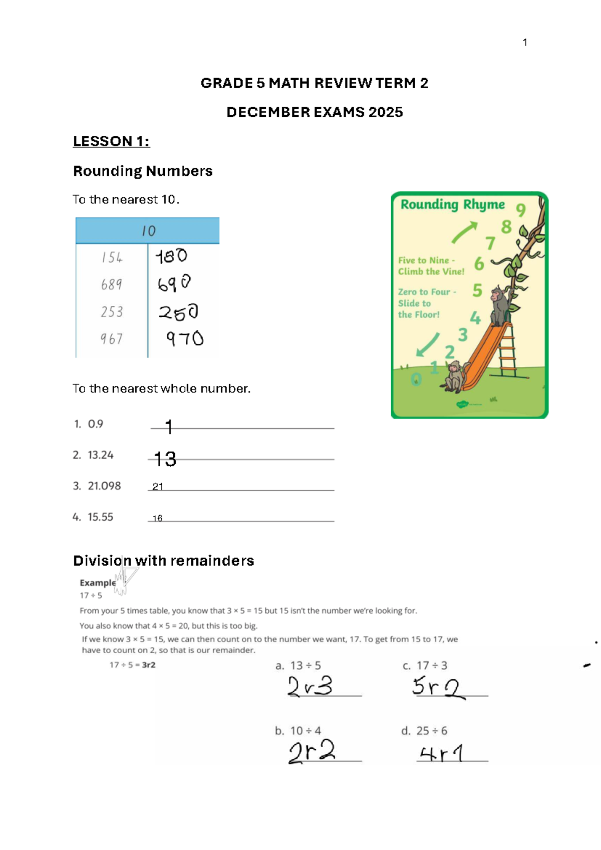 GRADE 5 MATH REVIEW TERM 2 DECEMBER EXAMS: Rounding & Fractions - Studocu