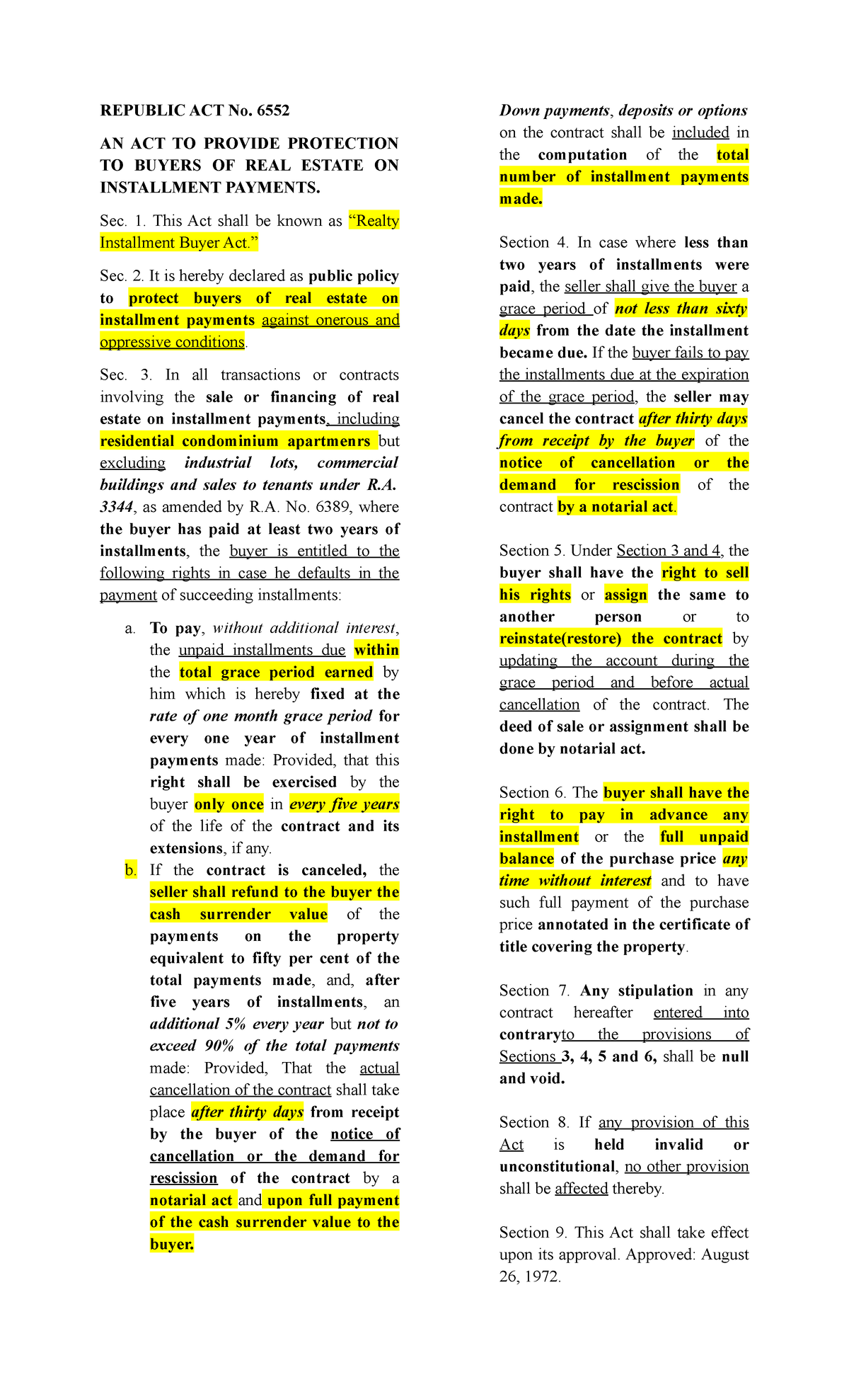 Maceda Law (R.A. 6552) - Buyer Protection Notes - Studocu