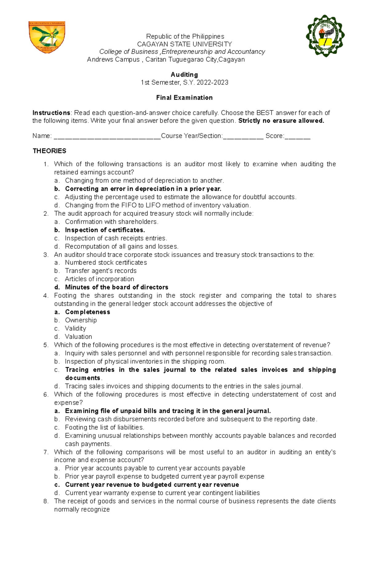 Final Exam Review for Auditing (Course Code: ACCT 302) - Studocu