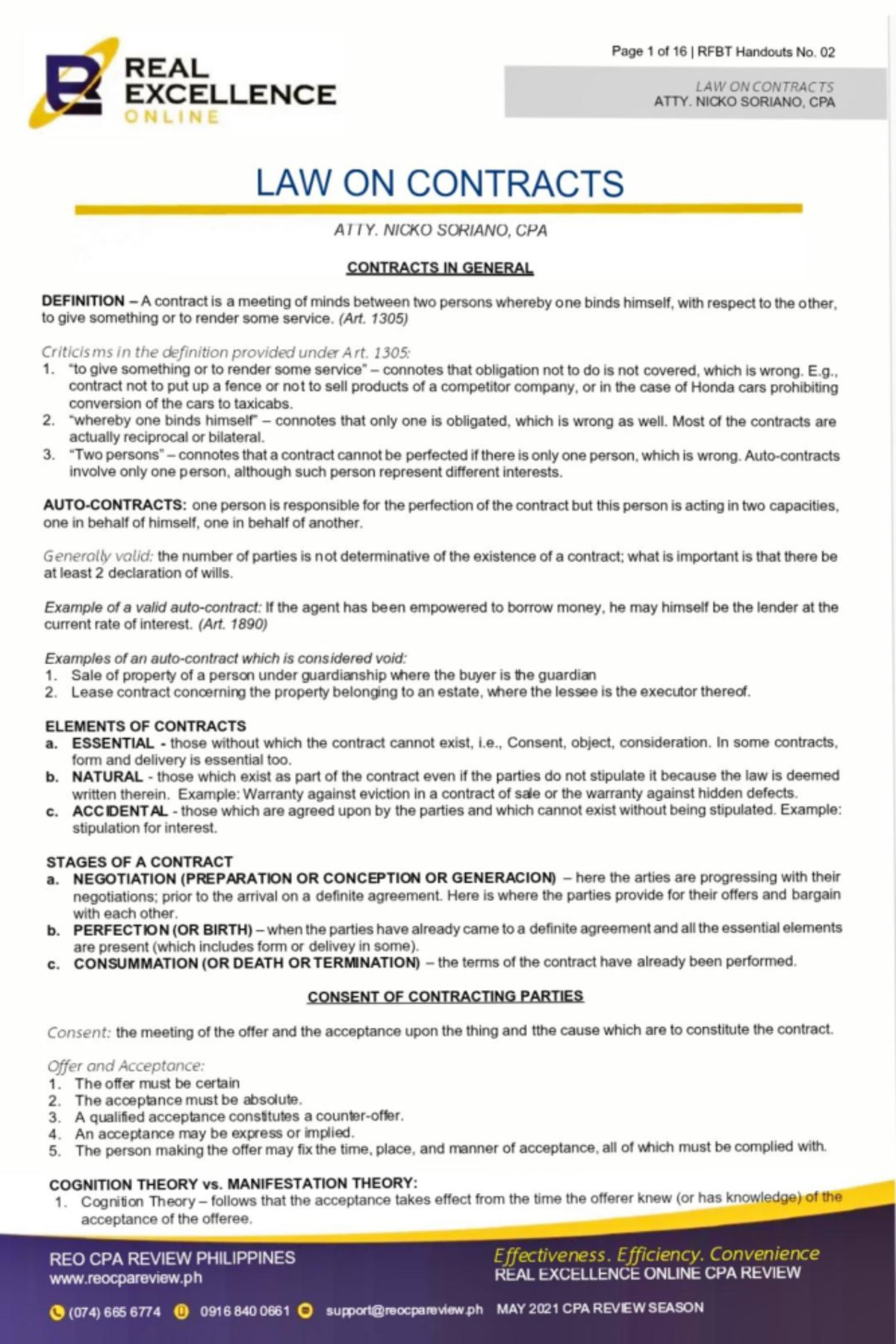 RFBT Handouts No. 02 B: Law on Contracts Overview by Atty. Nicko ...