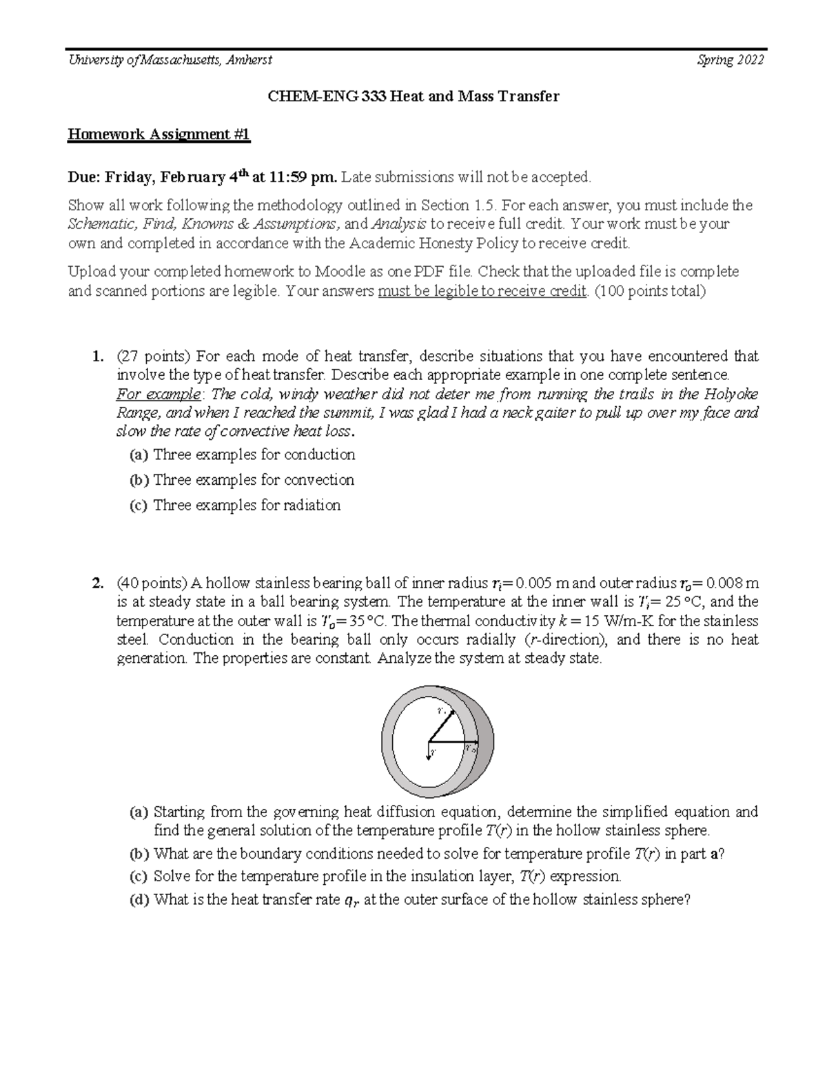 ChE 333 Homework 1: Heat & Mass Transfer Assignment Spring 2022 - Studocu