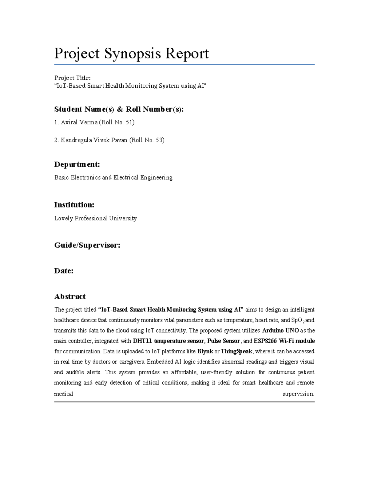 IOT Based Smart Health Monitoring System Synopsis Report - Studocu