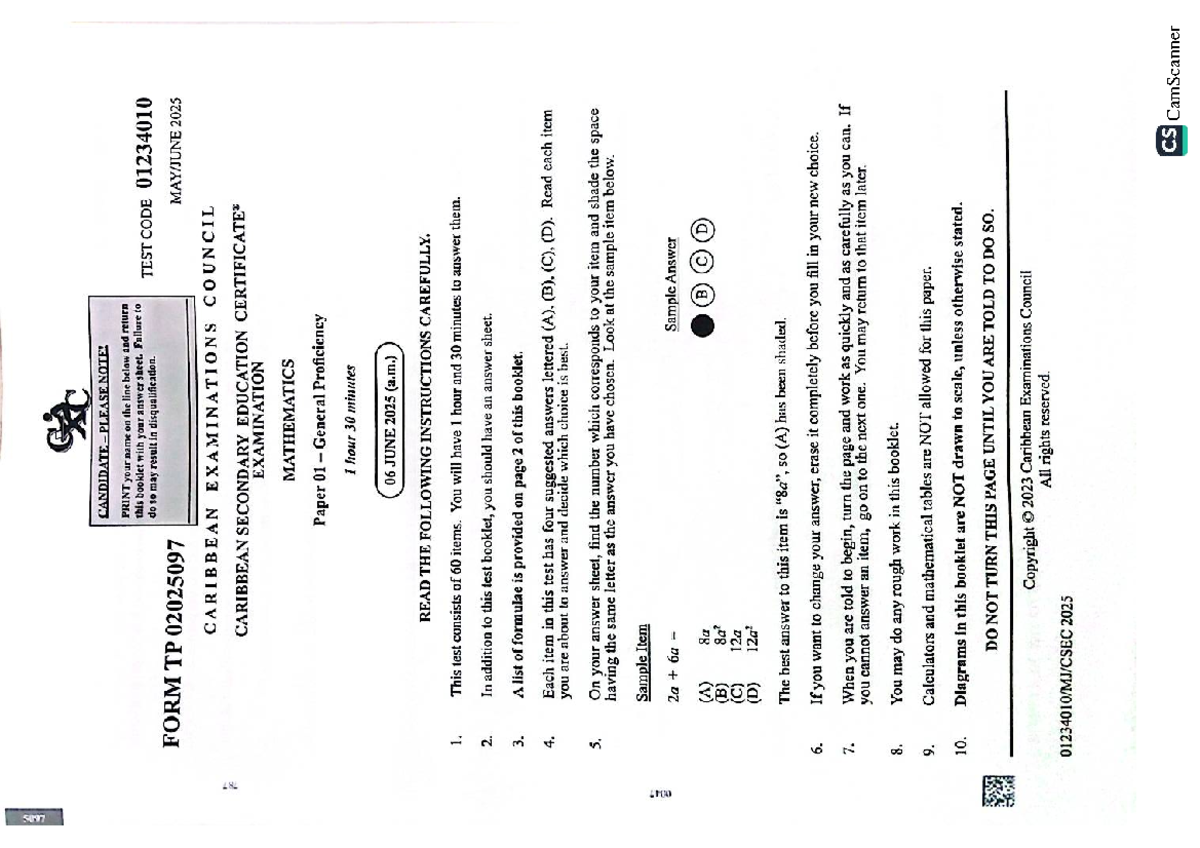 CSEC Mathematics Paper 01 General Proficiency Exam - June 2025 ...
