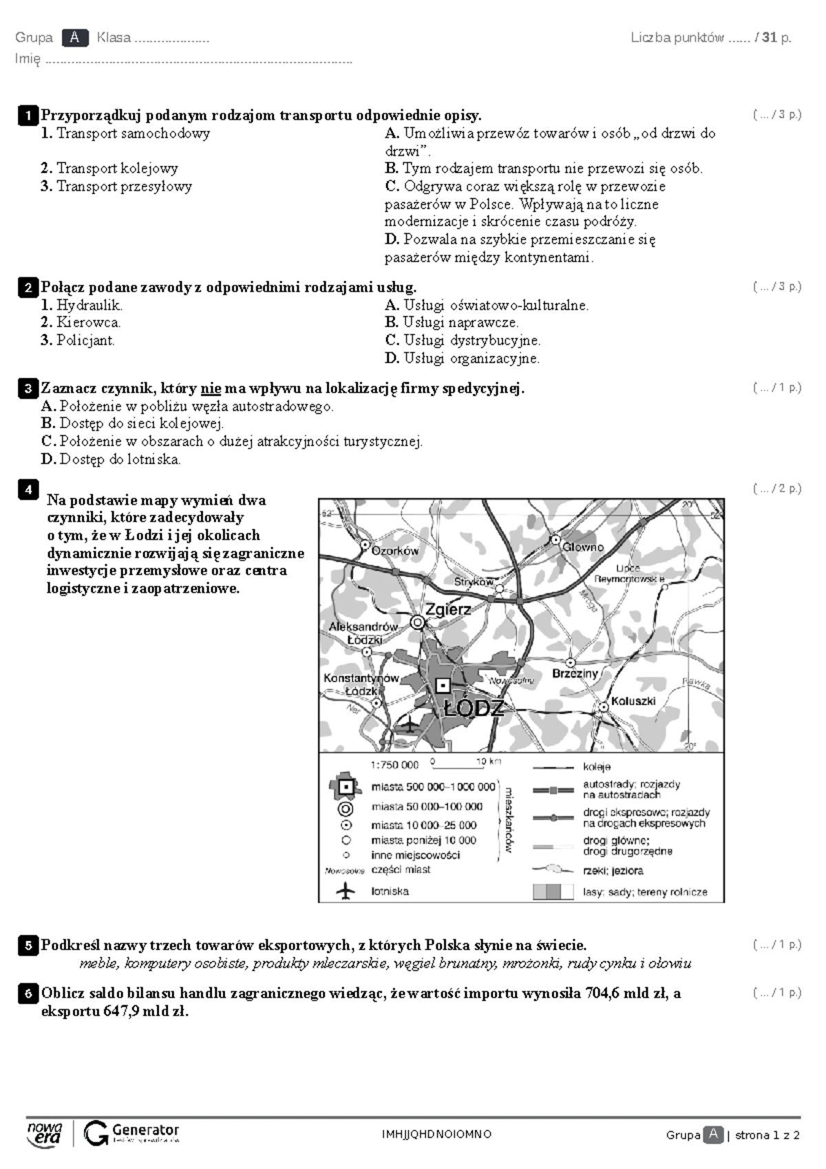 Sprawdzian Z Iv Usług Geografia Nowa Era