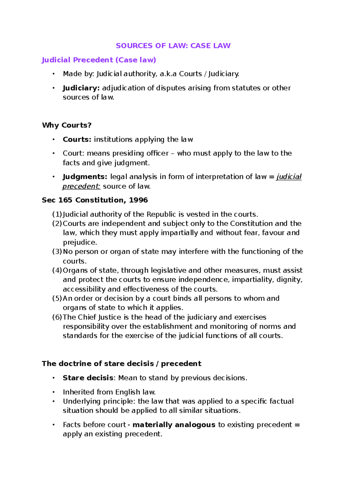 SOURCES OF LAW: CASE LAW & JUDICIAL PRECEDENT (LAW 101) - Studocu