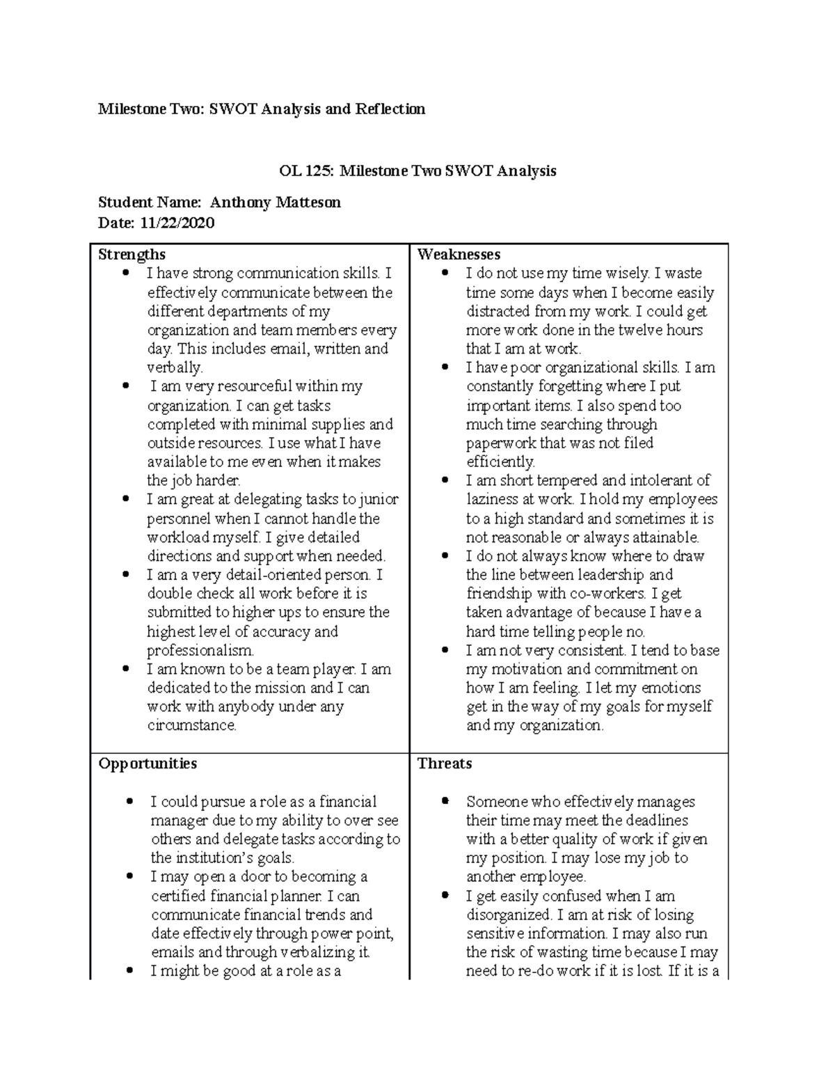 Week 4 SWOT analysis - Milestone Two: SWOT Analysis and Reflection OL ...