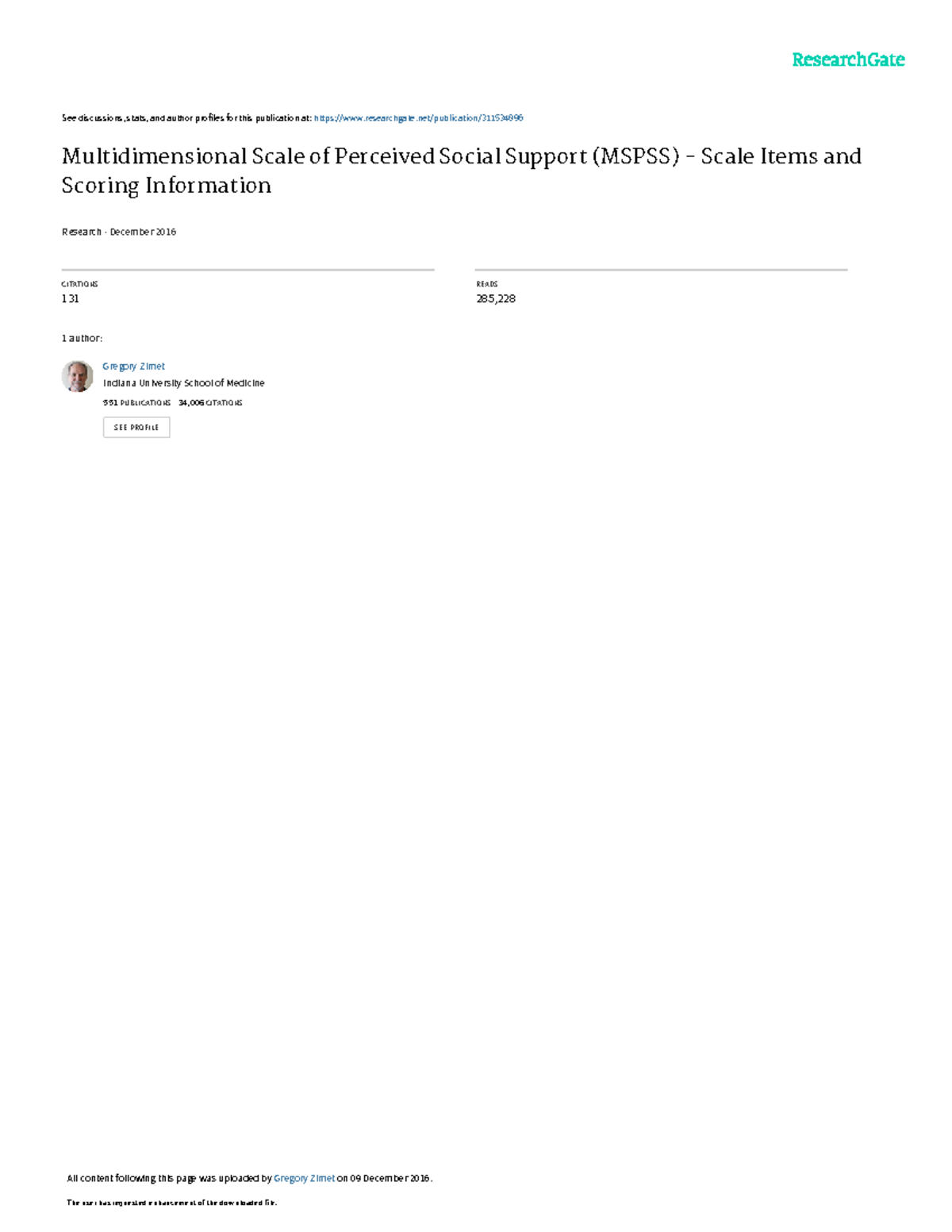 MSPSS Scale Items & Scoring Info - Research Overview - Studocu