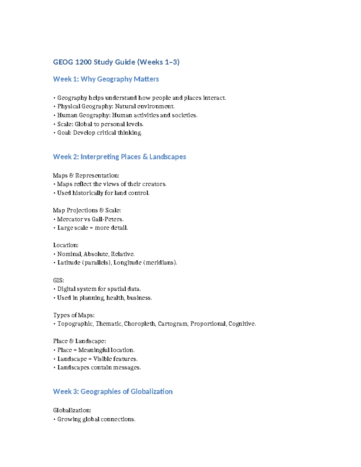 GEOG 1200 Study Guide: Key Concepts from Weeks 1-3 - Studocu
