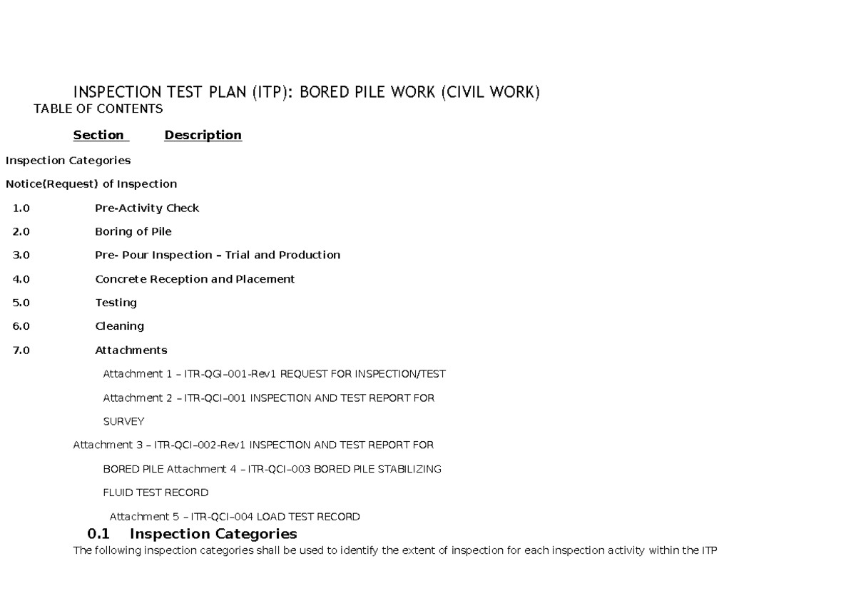 Inspection Test Plan (ITP) for Bored Pile Work (CIVIL WORK) - Studocu
