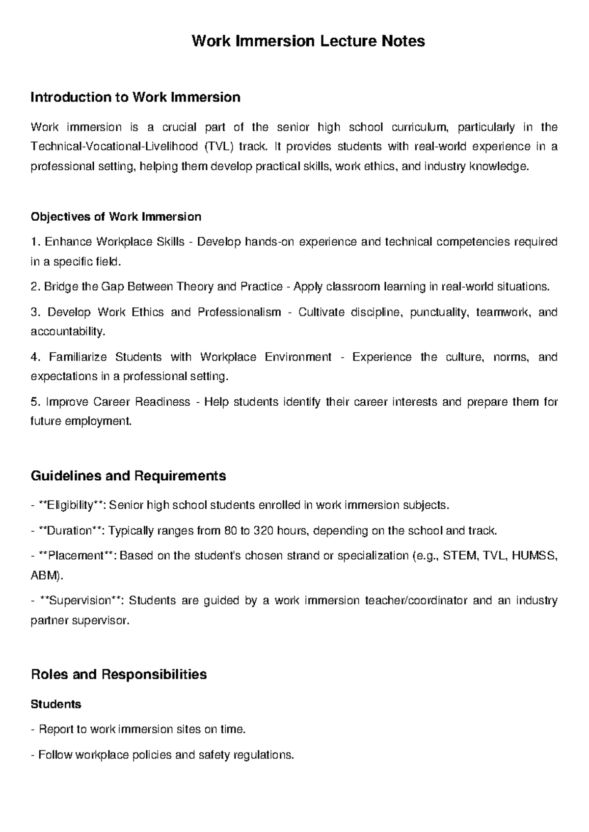 WORK IMMERSION LECTURE NOTES: SKILLS & CAREER PREPARATION GUIDE - Studocu