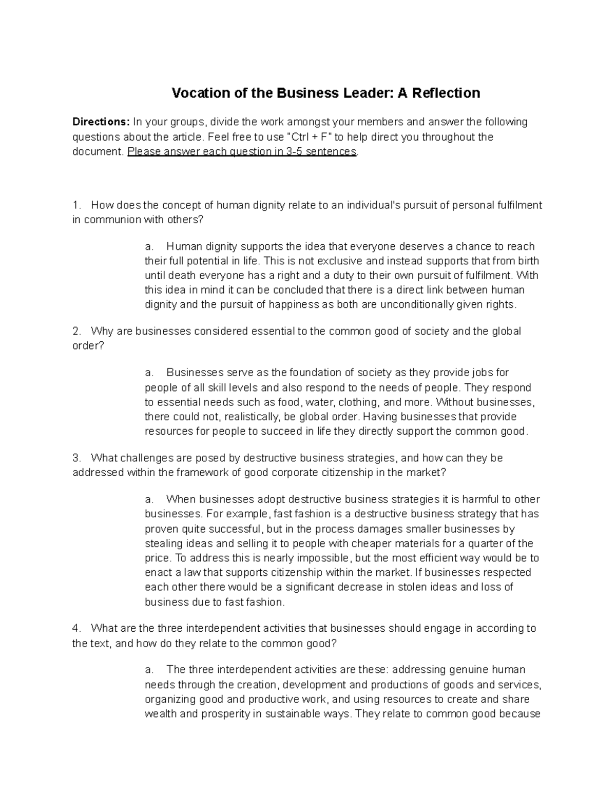 Vocation of the Business Leader - homework questions - Vocation of the ...