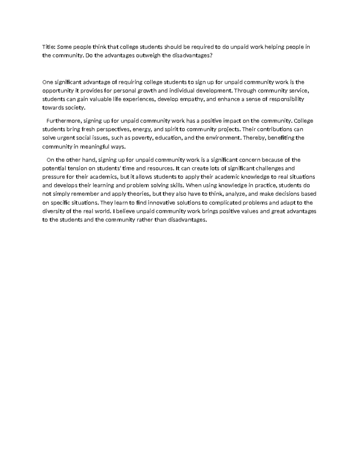 New Microsoft Word Document - Title: Some people think that college ...