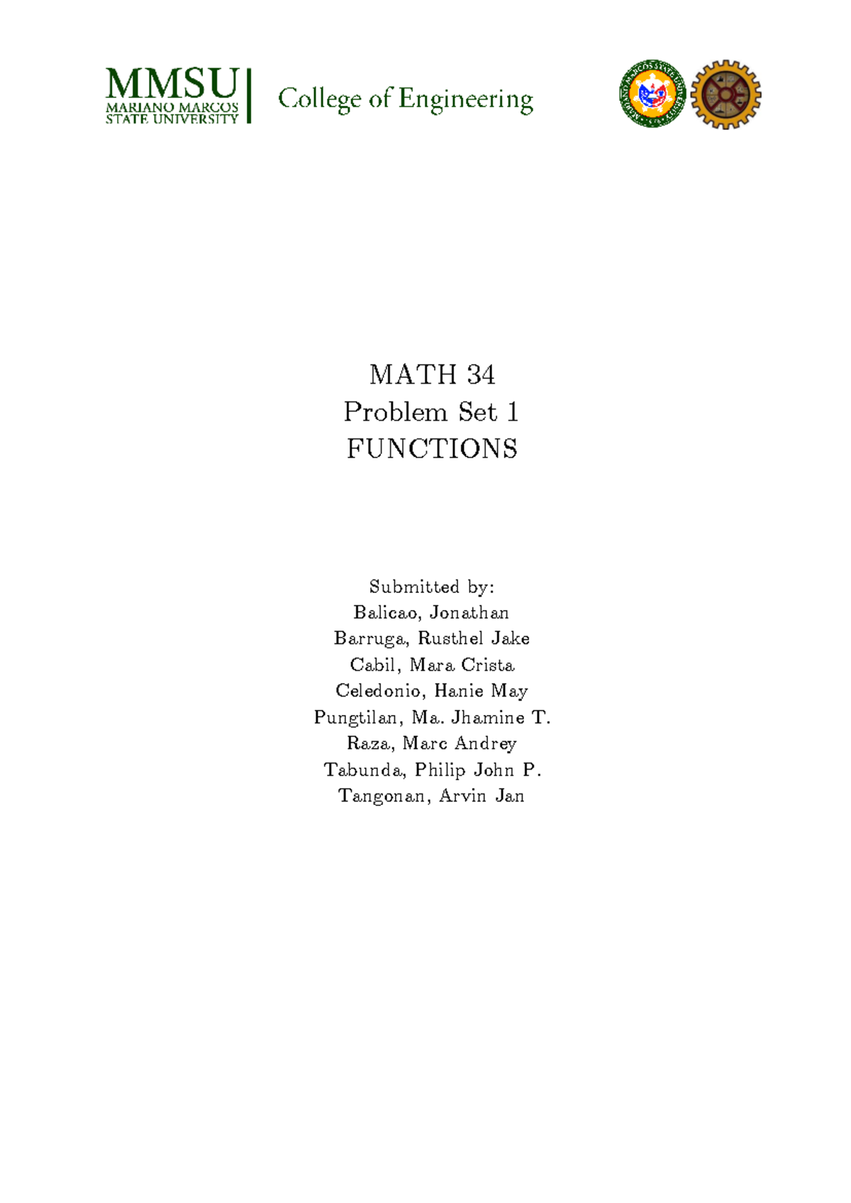 Problem Set 1: Functions - MATH 34 for BSCE1C Students - Studocu