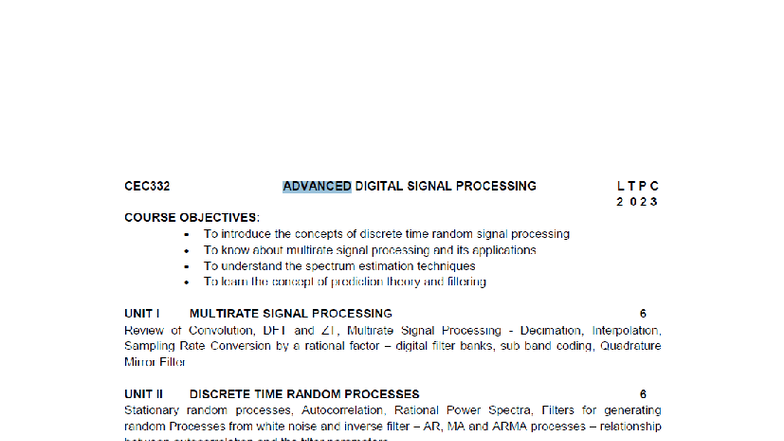 CEC332 ADVANCED DIGITAL SIGNAL PROCESSING SYLLABUS 2023 - Studocu