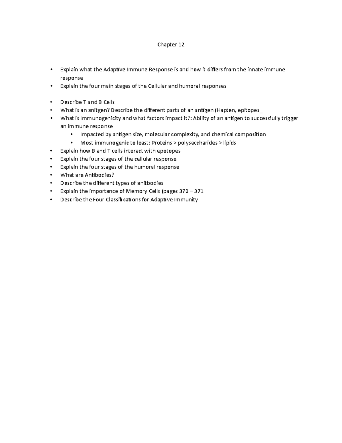 Sp19 MBS111 Study Guide: Chapter 12 - Adaptive Immune Response Insights ...