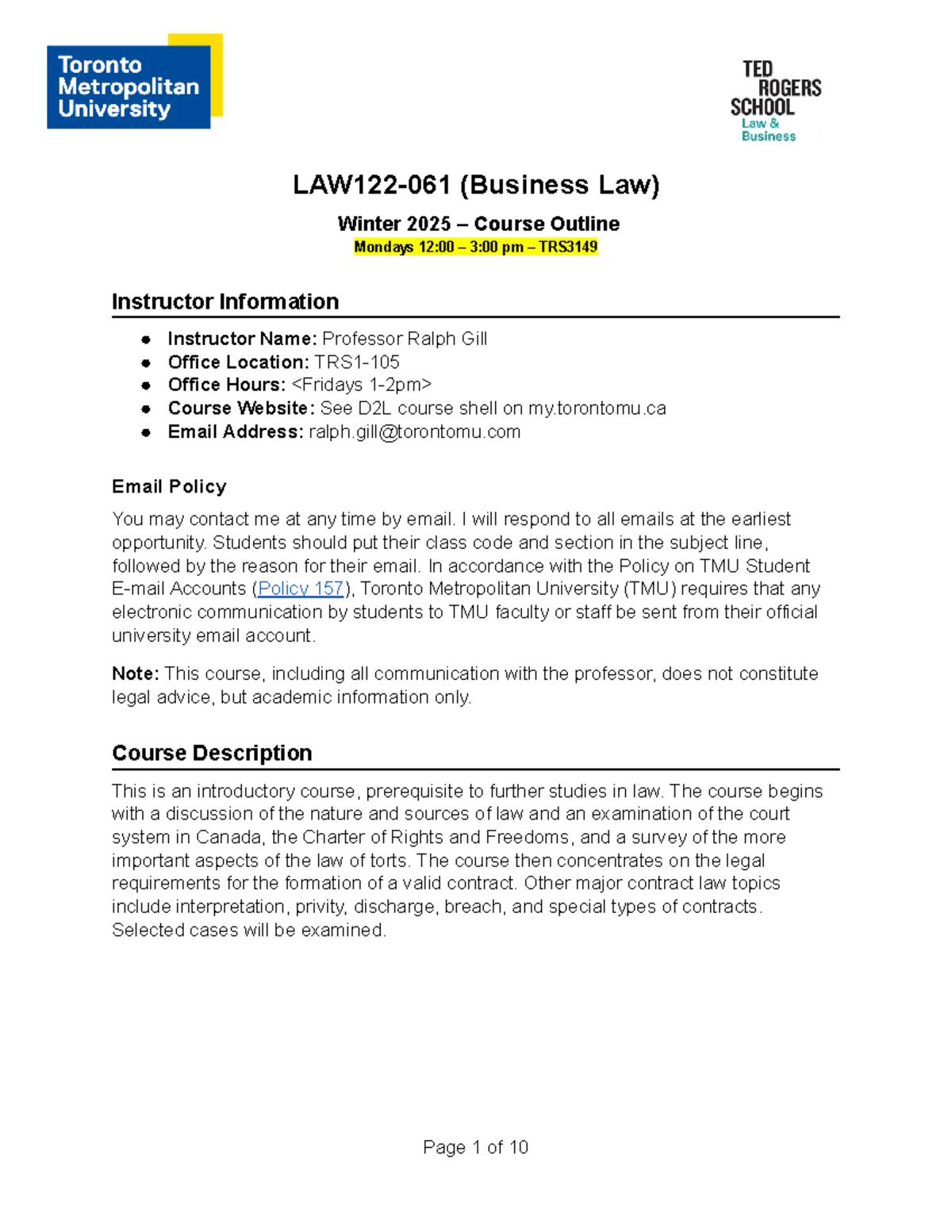 LAW122-061 Winter 2025 Course Outline for Business Law Class - Studocu