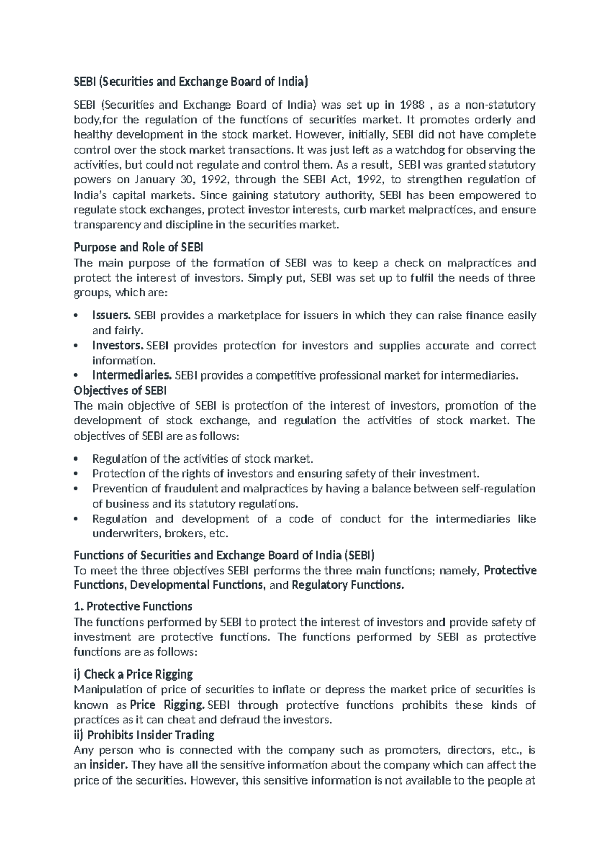 SEBI - Lecture Notes on Regulation and Functions of SEBI - Studocu