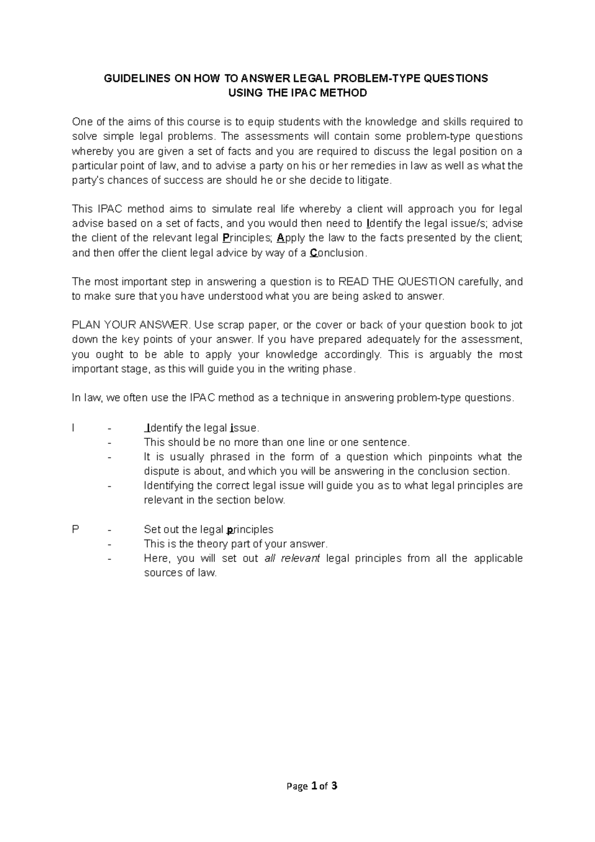 Guidelines on Answering Legal Problem Questions Using IPAC Method - Studocu