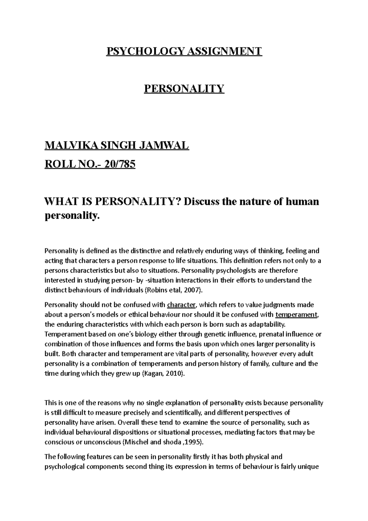 Psychology GE Assignment: Understanding Personality Traits and ...