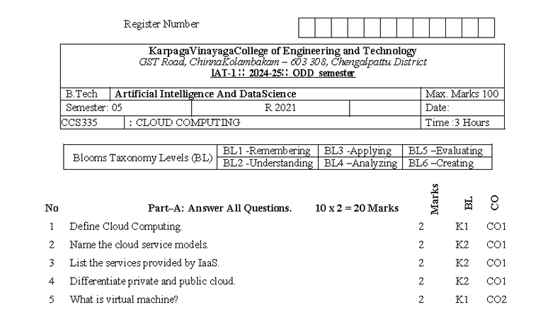 CCS335: Cloud Computing - IAT1 Question Paper for B.Tech AI & DS Sem 5 ...