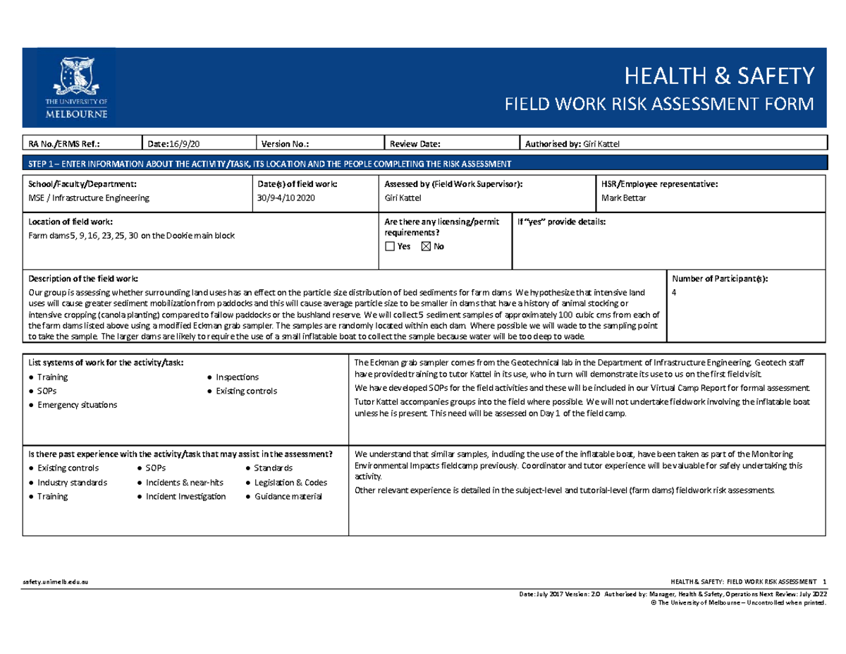 Field-work risk assessment form example - safety.unimelb.edu - Studocu