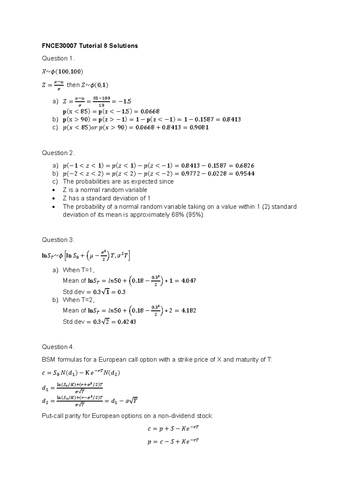 Tutorial 8 Solutions: Probability and BSM Formulas Explained - Studocu