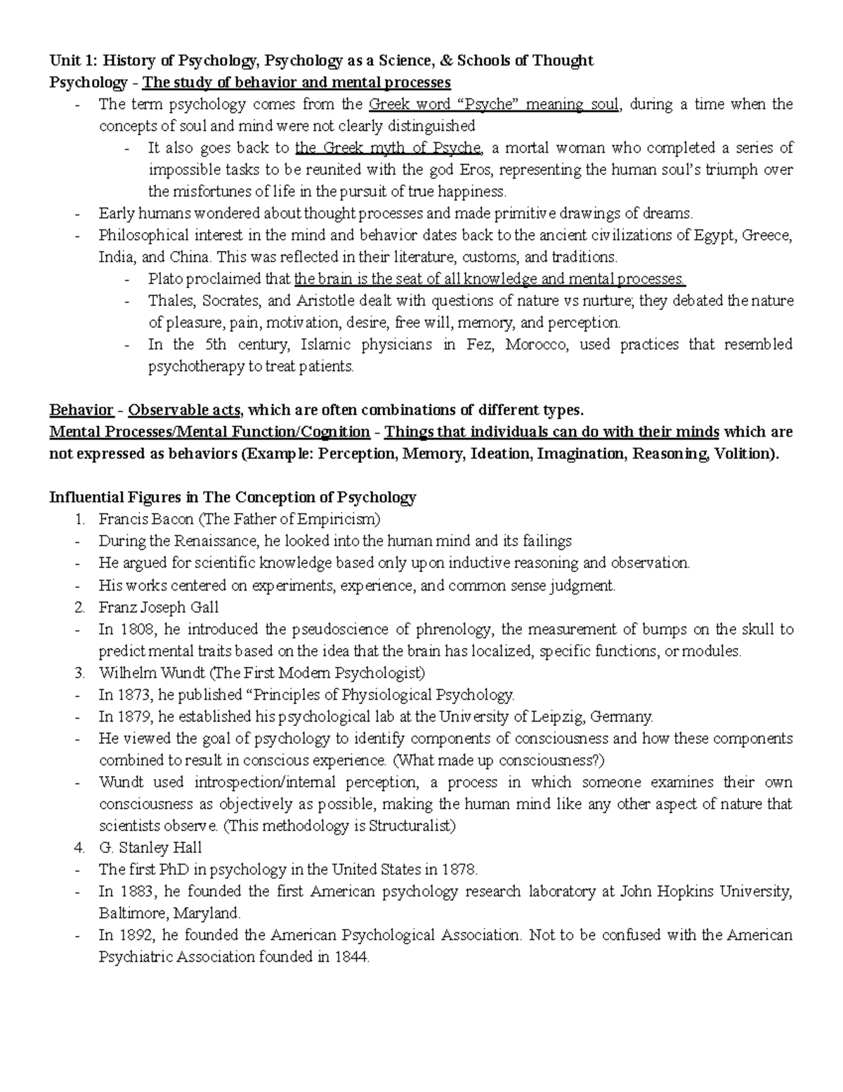 Psych 101 1st Quarter Notes - Unit 1: History of Psychology, Psychology ...