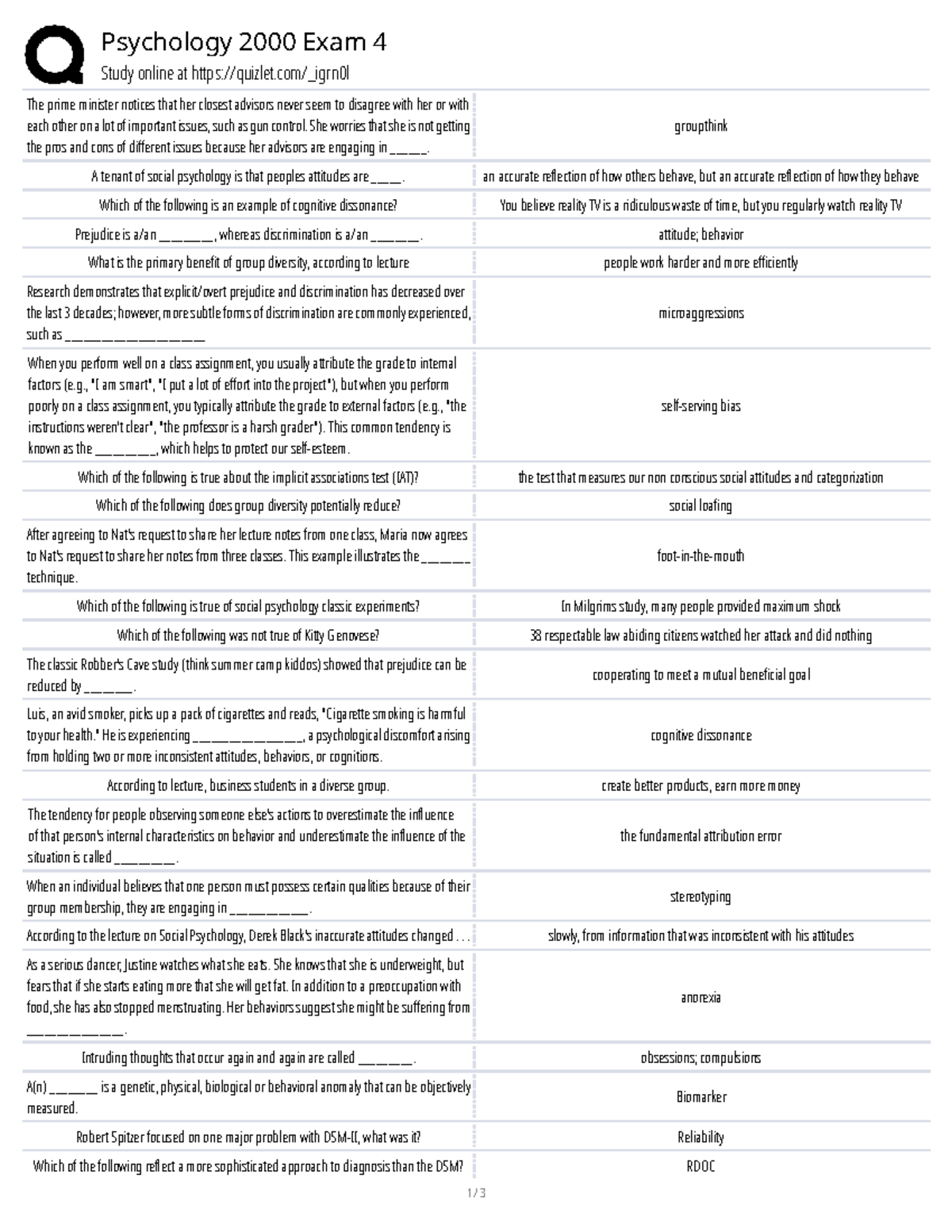 Psychology 2000 Final Exam Study Guide - Studocu