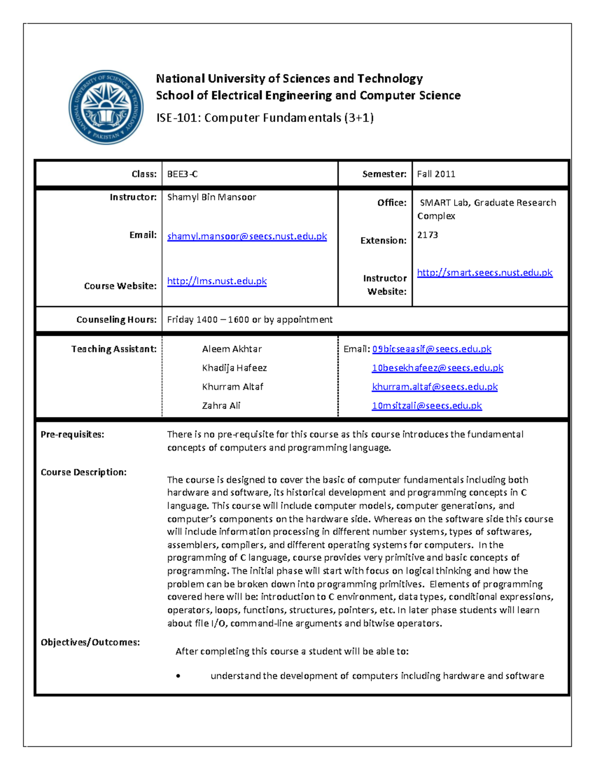 Course Outline - CS-101 Computer Fundamentals BEE3C - National ...