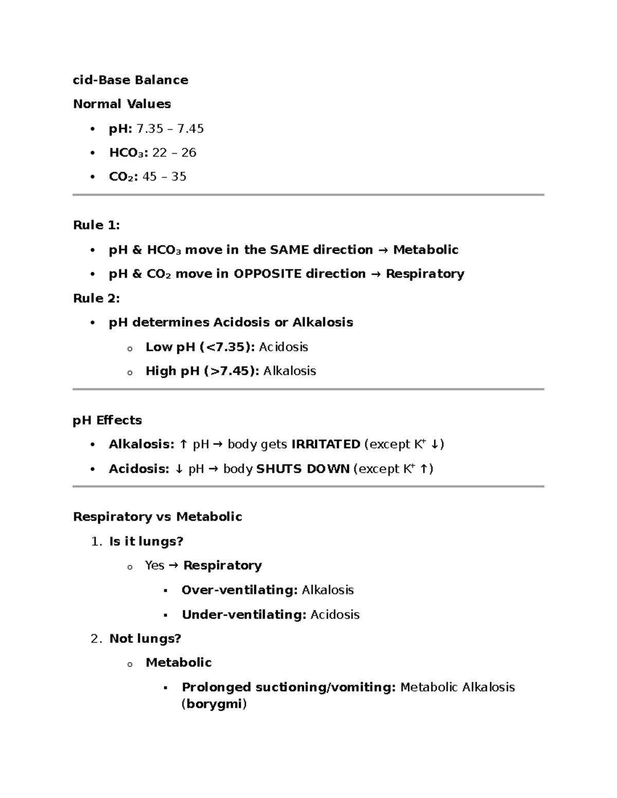 Balance Normal Values: pH, HCO₃, CO₂ & Acid-Base Rules Notes 1 - Studocu