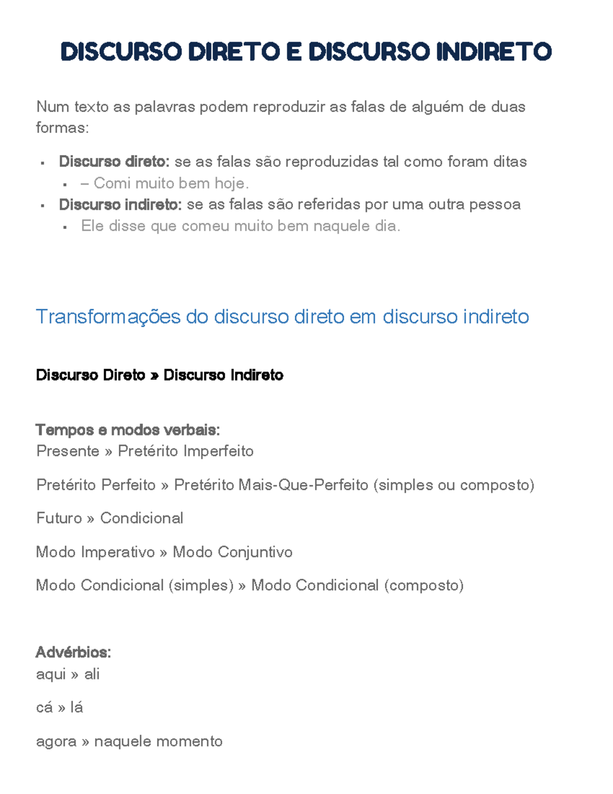 DISCURSO DIRETO E INDIRETO: TRANSFORMAÇÕES E EXEMPLOS - Studocu