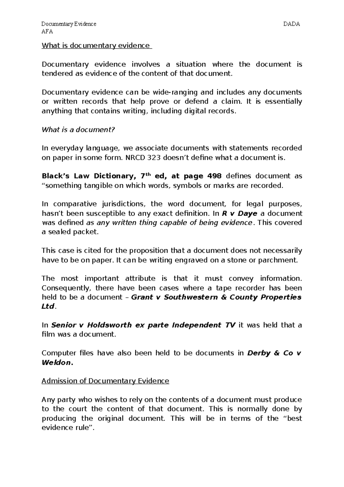 Documentary Evidence AFA DADA: Understanding the Best Evidence Rule ...